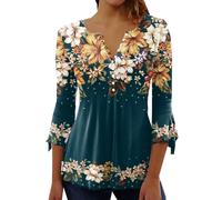 LAZIRO Femmes - Mode Estivale - T-Shirt à Manches Longues DéContractéEs Et éVaséEs avec Boutons ImpriméS Et Col en V