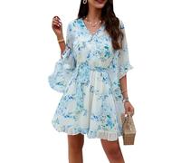 LAZIRO Femmes - Printemps - éTé - Robe à Col V éVasé, Manches Courtes, éLéGante Et ImpriméE avec Cravate