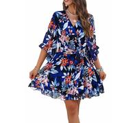 LAZIRO Femmes - Printemps - éTé - Robe à Col V éVasé, Manches Courtes, éLéGante Et ImpriméE avec Cravate