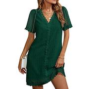 LAZIRO Robe D'éTé DéContractéE à Manches Courtes Et Col en V pour Femmes, Robe Droite en Mousseline De Couleur Unie avec Dentelle à Pois