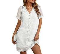 LAZIRO Robe D'éTé DéContractéE à Manches Courtes Et Col en V pour Femmes, Robe Droite en Mousseline De Couleur Unie avec Dentelle à Pois