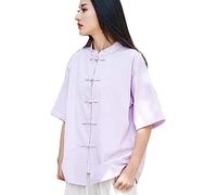Lazutom Chemise à manches courtes en coton et lin pour femme - Motif grenouille chinoise - Kung Fu, Tai Chi Zen - Tenue d'arts martiaux, violet clair, taille unique