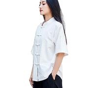 Lazutom Chemise à manches courtes en coton et lin pour femme - Motif grenouille chinoise - Kung Fu, Tai Chi Zen - Tenue d'arts martiaux, blanc, taille unique