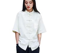 Lazutom Chemise à manches courtes en coton et lin pour femme - Motif grenouille chinoise - Kung Fu, Tai Chi Zen - Tenue d'arts martiaux, beige, taille unique