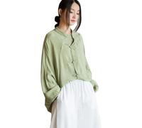 Lazutom Chemisier chinois en coton et lin pour femme - Coupe ample boutonnée - Manches longues - Pour pratique du Kung Fu et du Qi Gong, Vert, Taille unique