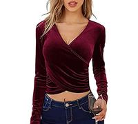 Lazutom Haut court en velours à manches longues pour femme avec col en V et col en V, rouge vin, M