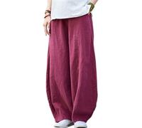 Lazutom Pantalon ample en coton et lin pour femme - Taille élastique - Coupe ample - Pour l'été, le yoga, les voyages, le salon, les vacances, la plage, rouge vin, Taille unique