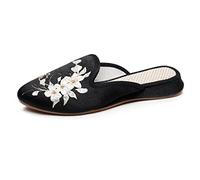 Lazutom Pantoufles de style chinois brodé, dos nu, bout pointu, à enfiler, pour la marche, la maison, Noir , 39 EU