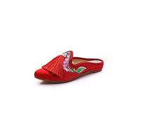 Lazutom Pantoufles pour femme Style chinois Vintage Broderie Pompon Point Toe Intérieur Extérieur - Rouge - Rouge, 39 EU