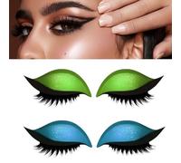 Lazy Eyeshadow Eyelash Patch, Reusable Makeup Sticker with Built-in Eyeliner, Glitter Eyeshadow & False Eyelashes (Blue+Green)
