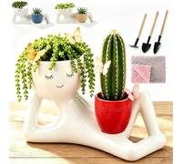 Lazy Guy Funny Plant Pots,Cute Succulent Plant Pots,Small Ceramic Pots with Drainage,Resin Lying Down Face Succulent Cactus Pot,Easy Maintenance Plant Ornament,for Home Garden Decor.[Red ]