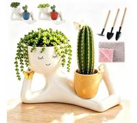 Lazy Guy Funny Plant Pots,Cute Succulent Plant Pots,Small Ceramic Pots with Drainage,Resin Lying Down Face Succulent Cactus Pot,Easy Maintenance Plant Ornament,for Home Garden Decor.[Yellow]