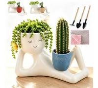 Lazy Guy Funny Plant Pots,Cute Succulent Plant Pots,Small Ceramic Pots with Drainage,Resin Lying Down Face Succulent Cactus Pot,Easy Maintenance Plant Ornament,for Home Garden Decor.[Blue ]