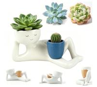 Lazy Guy Planter Pot,Resinlazy Little Character Flowerpot,Lazy Guy Planter with Drainage Hole,Lying Down Figure Planters Human Shaped Flower Pot,for Succulents Cactus Home Garden Decor，Blue