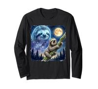 Lazy Sloth Climbing Tree Branch Moon Night Sky Animal Art Manche Longue