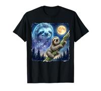 Lazy Sloth Climbing Tree Branch Moon Night Sky Animal Art T-Shirt