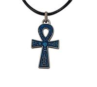 lazzaro italy Ankh croix de vie égyptienne Pendentif avec collier - Métal plaqué argent émaillé bleu - Bijou artisanal clé de vie H 3.5 cm