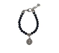 lazzaro italy Bracelet Médaille Saint Benoît plaquée argent homme et femme. Protection contre le malin avec Perles en pierre naturelle de Onyx Noir. Diamètre 1,5 cm
