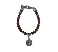 lazzaro italy Bracelet Médaille Saint Benoît plaquée argent homme et femme. Protection contre le malin avec Perles en pierre naturelle de Oeil de tigre. Diamètre 1,5 cm