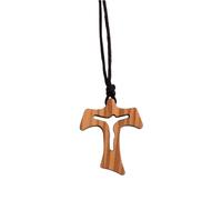 lazzaro italy Tau franciscain en bois d'olivier avec cordon Croix de saint François d'Assise avec Christ ajouré - Collier homme et femme - H 3.5 cm