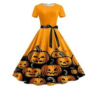 Lazzboy Halloween Costume Femmm Robe Halloween Carnaval Fête Rétro Vintage Robe Imprimé Citrouille Jupe Décontractée Soiree Col Rond Manches Courtes Medievall Cocktail Mariage(Jaune,XXL)