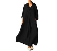 Lazzboy Robe Femme Maxi Coton Et Lin Casual en Vrac Revers Manches Longues Couleur Unie Grande Taille Jupe TrapèZe(38-52)