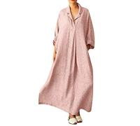 Lazzboy Robe Femme Maxi Coton Et Lin Casual en Vrac Revers Manches Longues Couleur Unie Grande Taille Jupe TrapèZe(38-52)