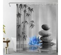 LB Bambou Zen Rideaux de Douche 150x180cm(LxH) Fleurs Bleues Pierres Grises Rideaux de Bain avec Crochets, Spa de Jardin Japonais Court Imperméable Polyester Anti Moule Salle de Bain Décor