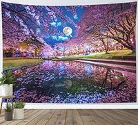 LB Fleur Cerisier Rose Tapisserie Murale Pleine Lune Ciel Bleu Tenture Murale Jardin Japonais Couverture Murales Paysage Printemps Tapisseries Decoration pour Maison Salon Chambre Dortoir,150x100cm