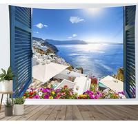 LB île Tapisserie Murale Paysage Marin Grec Tenture Murale Océan Bleu et Fleurs Colorées Couverture Murales Style Européen Tapisseries Decoration pour Maison Salon Chambre Dortoir,150x130cm