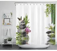 LB Pierres Zen Grises Rideaux de Douche 180x200cm(LxH) Rose Floral Vert Bambou Rideaux de Bain avec Crochets, Papillon dans Le Jardin Extra Longue Imperméable Polyester Anti Moule Salle de Bain Décor