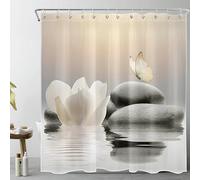 LB Pierres Zen Rideaux de Douche 240x175cm(LxH) Fleur Blanche avec Papillon Beige Rideaux de Bain avec Crochets, Spa paisible Extra Large Imperméable Polyester Anti Moule Salle de Bain Décor
