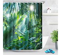 LB Rideau de Douche Anti Moisissure Vert Tropical Jungle Rideaux de Bain Plantes en Forêt Motif Imperméable Polyester Tissu Salle de Bain Décor avec 10pcs Crochets,150x180cm