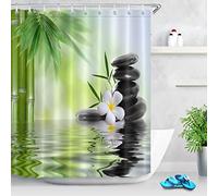 LB Rideau de Douche Anti Moisissure Zen Spa Vert Bambou Rideau de Bain Pierres Noir Fleur Orchidée Blanc Étanche Polyester Tissu Rideaux de Salle de Bain avec 10pcs Crochets,150x180cm