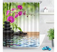 LB Rideau de Douche Printemps Spa orchidée en Bambou Noir Rideau en Pierre 120x175cm Tissu de Polyester résistant à l'eau Accessoires de Maison en Tissu fixé avec Crochets