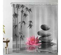 LB Spa Zen Gris Rideaux de Douche 180x200cm(LxH) Forêt bambous Japonais nénuphars Roses Rideaux de Bain avec Crochets, Pierres Grises Extra Longue Imperméable Polyester Anti Moule Salle de Bain Décor