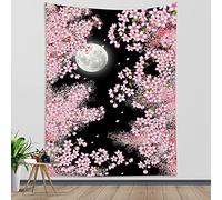 LB Tapisserie Murale Fleurs roses Tenture Murale Lune Couverture Murales Nuit noire japonaise Tapisseries Decoration Murales pour Maison Salon Chambre Dortoir,130x150cm