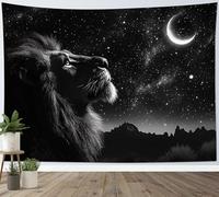 LB Tapisserie Murale Lion noir et blanc Tapisserie étoiles de lune brillantes dans le ciel Couverture Murales Paysage de montagne Tapisseries Decoration pour Maison Salon Chambre Dortoir,150x130cm