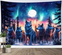 LB Tapisserie Murale Loup de la forêt Tapisserie Arbre Noir Animal Sauvage En Montagne Couverture Murales Galaxie de la Lune Tapisseries Decoration pour Maison Salon Chambre Dortoir,150x100cm