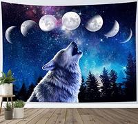 LB Tapisserie Murale Loup Tenture Murale Phase de lune dans le ciel étoilé Couverture Murales Forêt-Noire Tapisseries Decoration pour Maison Salon Chambre Dortoir,150x100cm
