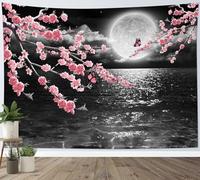 LB Tapisserie Murale Mer Noire Tenture Murale Papillon sur arbre à fleurs rose Couverture Murales Paysage de nuit de pleine lune Tapisseries Decoration pour Maison Salon Chambre Dortoir,150x130cm