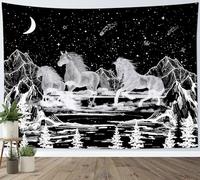 LB Tapisserie Murale Montagne noire et blanche Tenture Murale Cheval courant rivière glace forêt Couverture Murales Lune ciel étoilé Tapisseries Decoration pour Maison Salon Chambre Dortoir,235x180cm