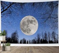 LB Tapisserie Murale Neige d’hiver Tenture Murale Forêt-Noire Gris Lune Ciel bleu Couverture Murales Paysage naturel Tapisseries Decoration pour Maison Salon Chambre Dortoir,150x100cm