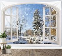 LB Tapisserie Murale Paysage D'Hiver Tenture Murale Pin Avec Neige À L'Extérieur Fenêtre Couverture Murales La Nature Tapisseries Decoration Murales pour Maison Salon Chambre Dortoir,150x130 cm
