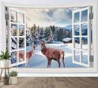 LB Tapisserie Murale Paysages d’hiver Tenture Murale Cerf en forêt Couverture Murales Montagne de neige par la fenêtre Tapisseries Decoration pour Maison Salon Chambre Dortoir,235Lx180H cm
