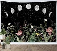 LB Tapisserie Murale Plante verte Tenture Murale Phase de lune grise dans un ciel noir et blanc Couverture Murales Fleur papillon Tapisseries Decoration pour Maison Salon Chambre Dortoir,150x100cm