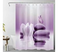 LB Zen Spa Rideaux de Douche 150x180cm(LxH) Papillon Violet Blanc Floral Rideaux de Bain avec Crochets, Jardin Japonais Court Imperméable Polyester Anti Moule Salle de Bain Décor