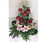 LBA Centre de fleurs artificielles pour cimetière également pour les églises spéciales Journée de la Toussaint. Dimensions : 65 x 50 x 40 cm. Environ plusieurs modèles. (Roses rouges et Liliums Rose