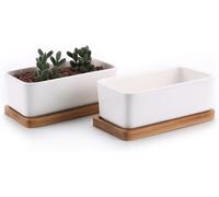 Lbgwp60-17cm Pot De Succulent En Céramique Avec Plateau En Bambou Blanc Lot De 2, Cactus Plante Planteur Cache Pot Jardinière Contenant Cadeau Pour Anniversaire Mariage