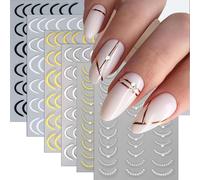 Lbgwp60-6 Feuilles De Stickers French Tip Pour L'art Des Ongles, Autocollants 3d Or Argent Lignes De L'art Des Ongles Designs De Pointes D'ongles Décalcomanies Avec Strass Autocollants
